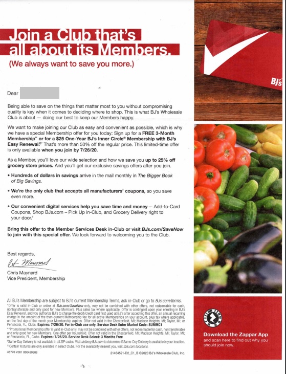 BJ’s Wholesale Club direct mail example
