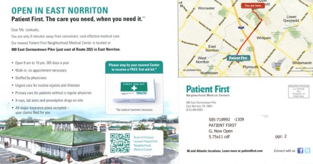 Patient First direct mail example